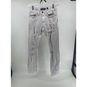 MAKOBI Mens White Red Paint Splatter Distressed Slim Jeans M1725 Size 30x32